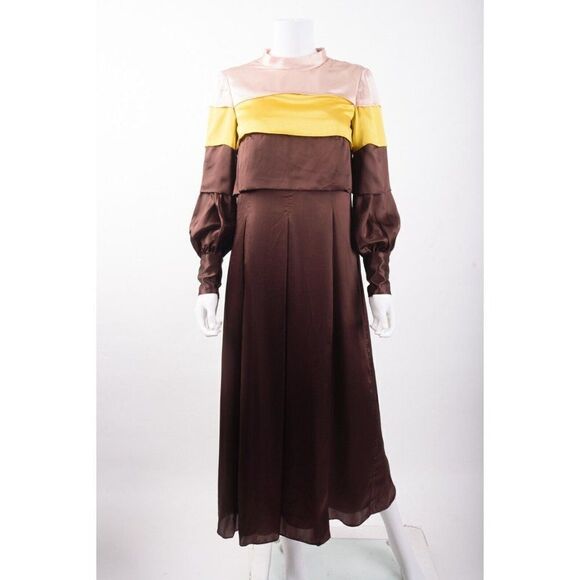 Massimo Dutti Womans Silk Maxi Dress US 4 EU 36 Yellow Brown 6669/555 NWT - Picture 1 of 7